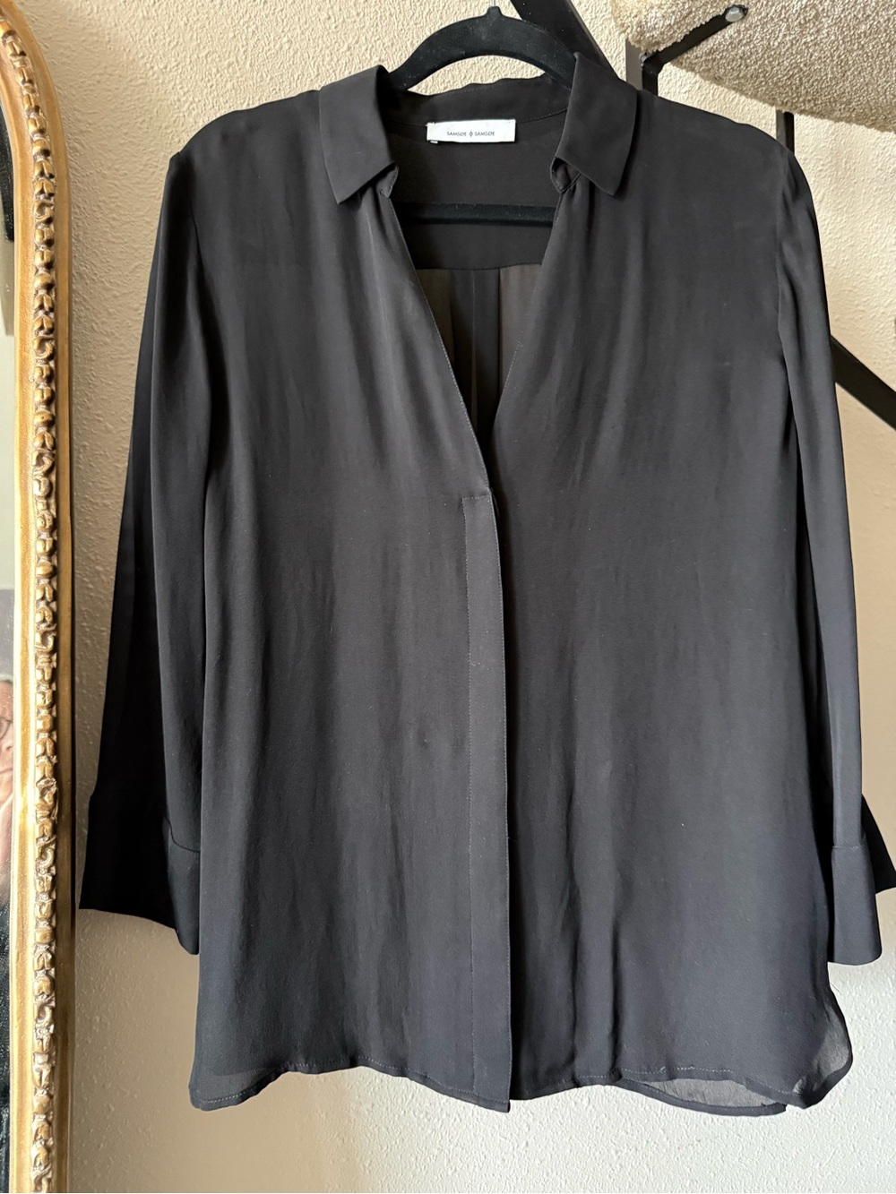 Samsoe & Samsoe Black Bracelet Sleeve Button-Front Silk Blouse Size M